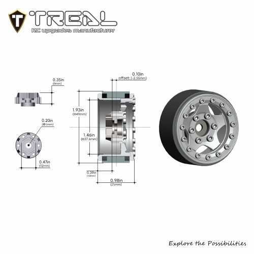TREAL 1.55'' Beadlock Wheels (4P) Aluminum CNC Machined 5-Star