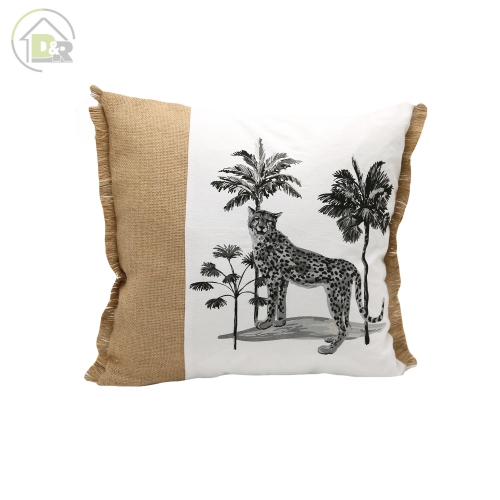 Printed cotton patched with jute cushion