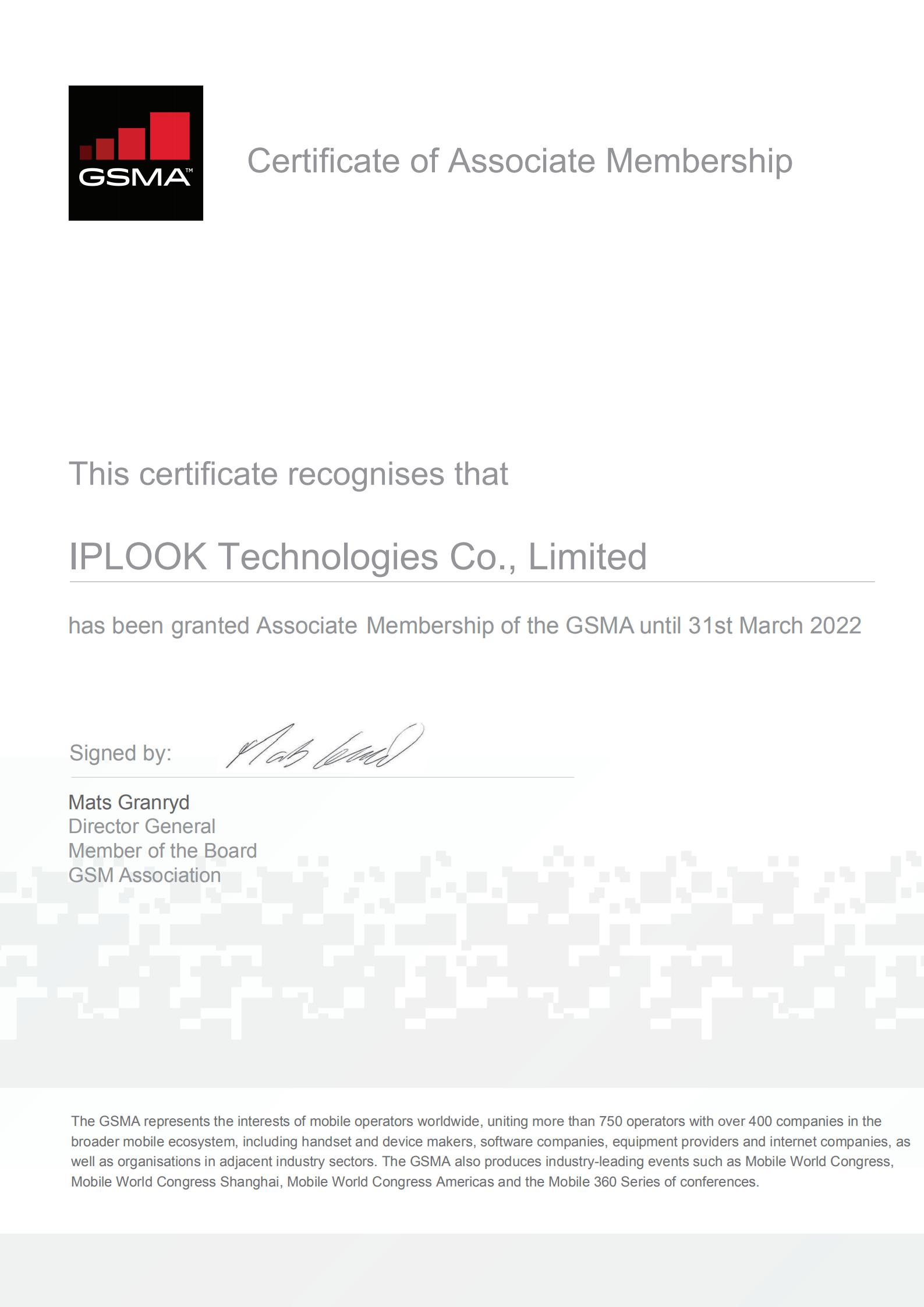 GSMA Associate Member Certificate