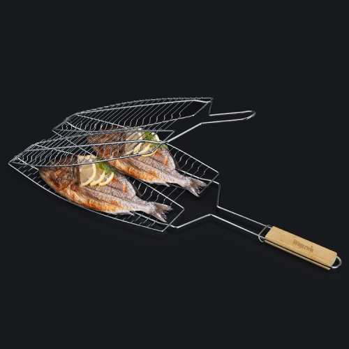 Barbecue Outdoor Kitchen BBQ Fish Grid Grilling Grill Basket with wooden handle