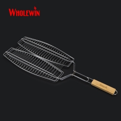 Barbecue Outdoor Kitchen BBQ Fish Grid Grilling Grill Basket with wooden handle