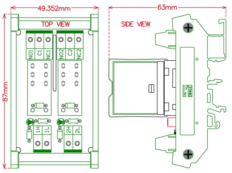 ELECTRONICS-SALON DIN Rail Mount AC/DC 12V control 2 SPDT 16Amp Pluggable Power Relay Module.