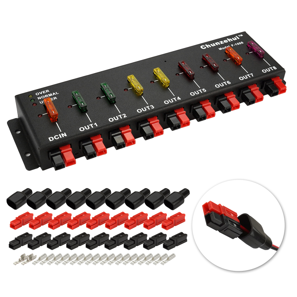 Chunzehui F-1008 Horizontal 9 Port 40A Anderson Powerpole Connector Power Splitter Distributor Source Strip, 1 Input and 8 Output.