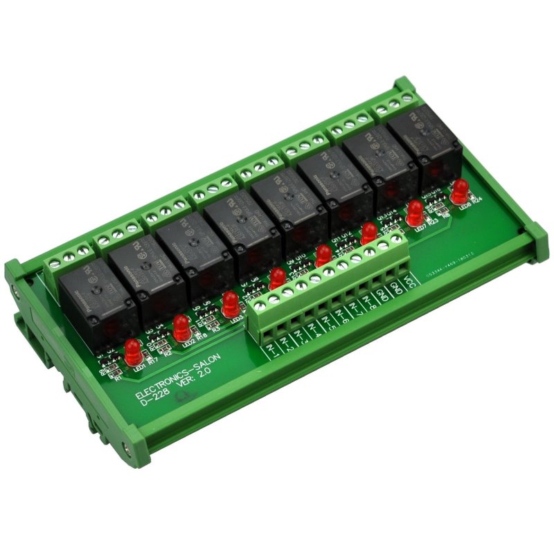 ELECTRONICS-SALON DIN Rail Mount 8 SPDT Power Relay Interface Module, 10A Relay, 24V Coil.