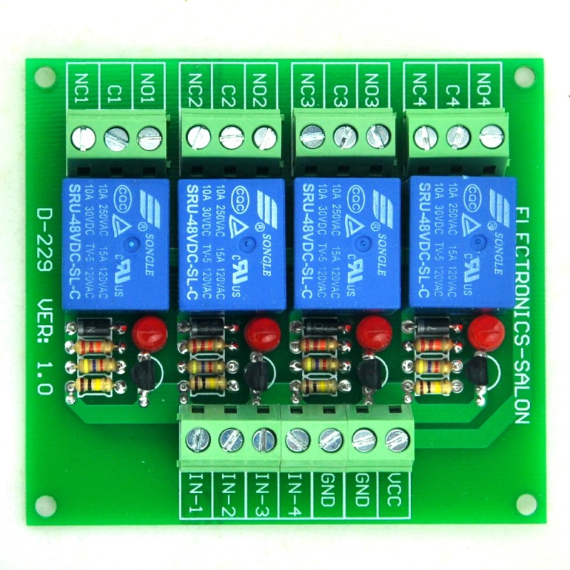 ELECTRONICS-SALON Four(4) SPDT 10Amp Power Relay Module, DC48V Version, for Arduino / PIC / 8051