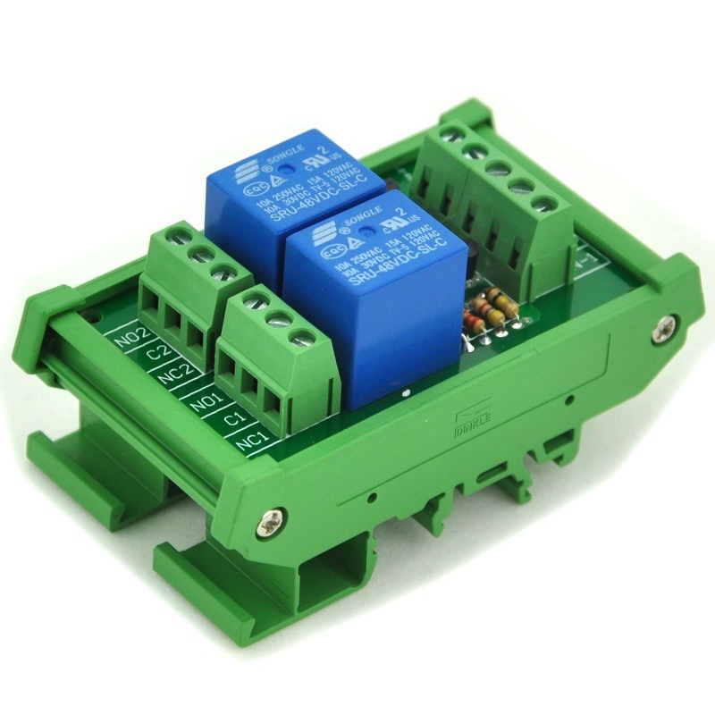 ELECTRONICS-SALON DIN Rail Mount 2 SPDT Power Relay Interface Module, 10A Relay, 48V Coil.