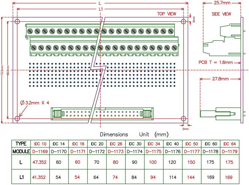 CZH-LABS IDC-64 Male Header Connector Breakout Board Module, IDC Pitch 0.1", Terminal Block Pitch 0.2"
