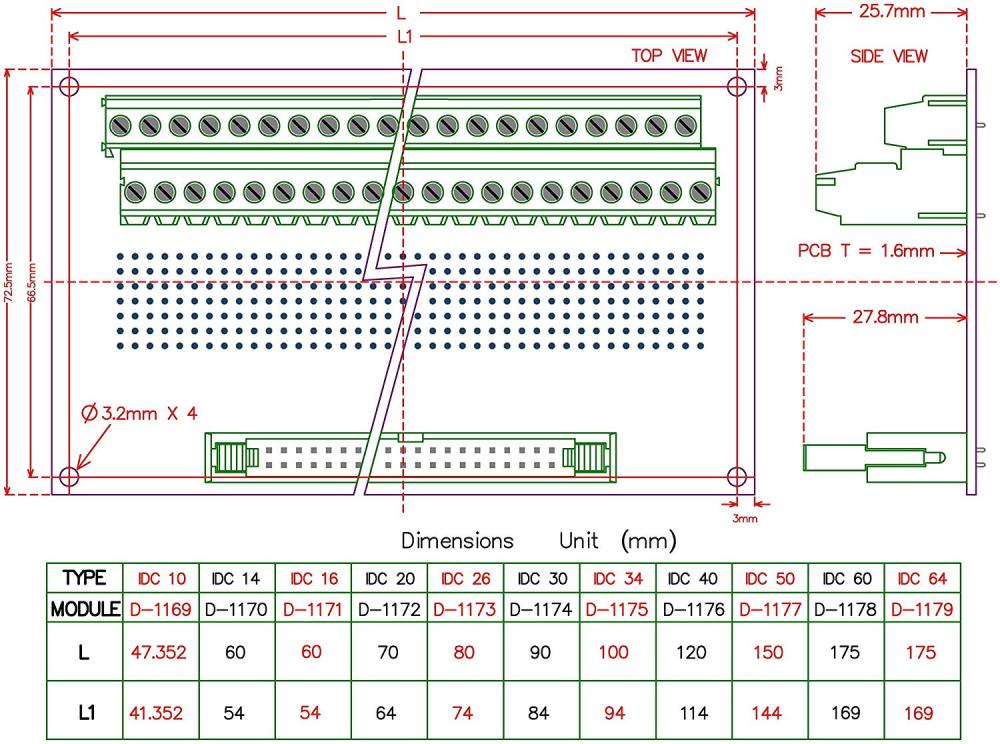 CZH-LABS IDC-26 Male Header Connector Breakout Board Module, IDC Pitch 0.1", Terminal Block Pitch 0.2"