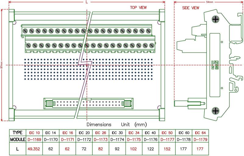 CZH-LABS DIN Rail Mount IDC-50 Male Header Connector Breakout Board Interface Module, IDC Pitch 0.1", Terminal Block Pitch 0.2"