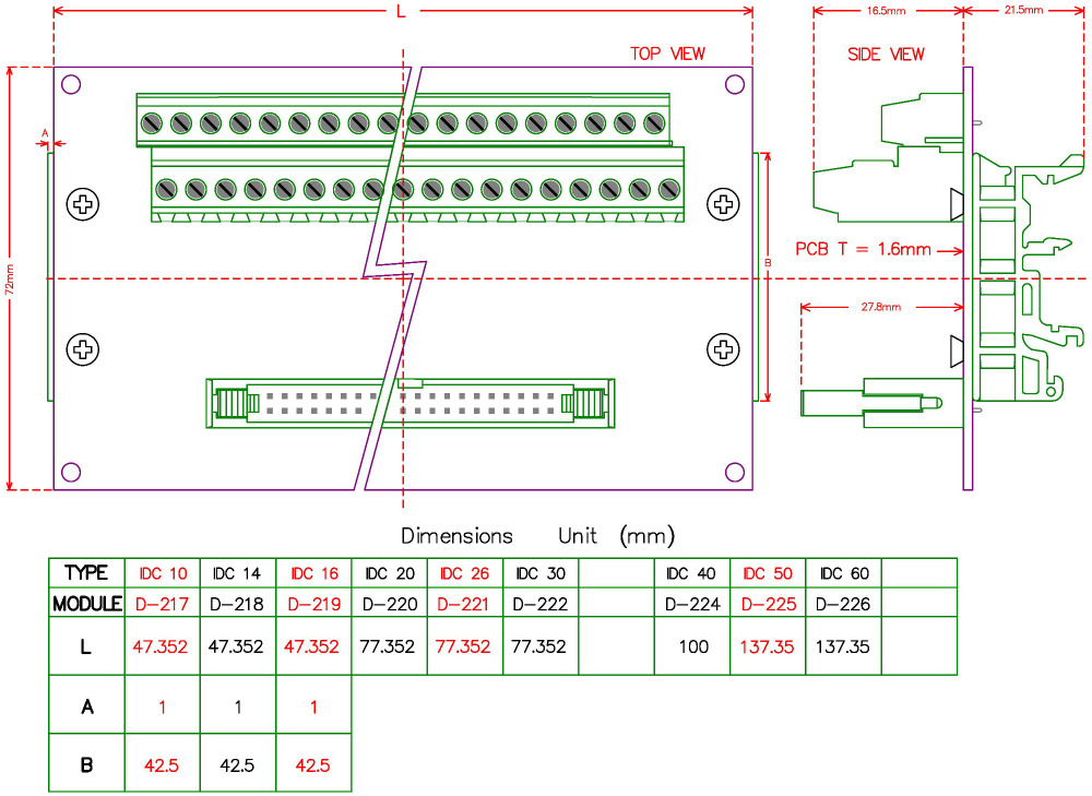 ELECTRONICS-SALON IDC26 Header Interface Module with Simple DIN Rail Mounting feet.