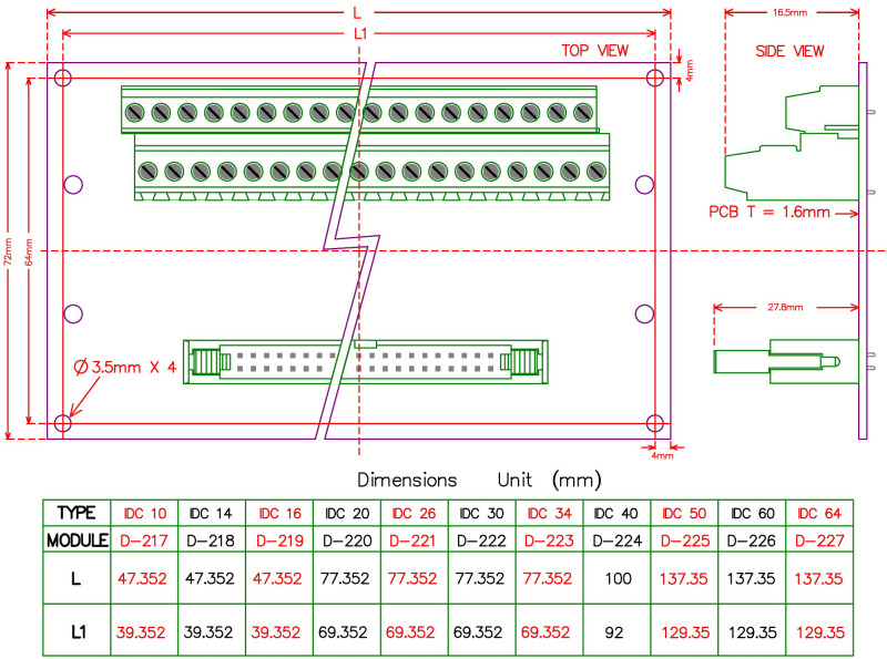 ELECTRONICS-SALON IDC16 2x8 Pins 0.1" Male Header Breakout Board, Terminal Block, Connector.
