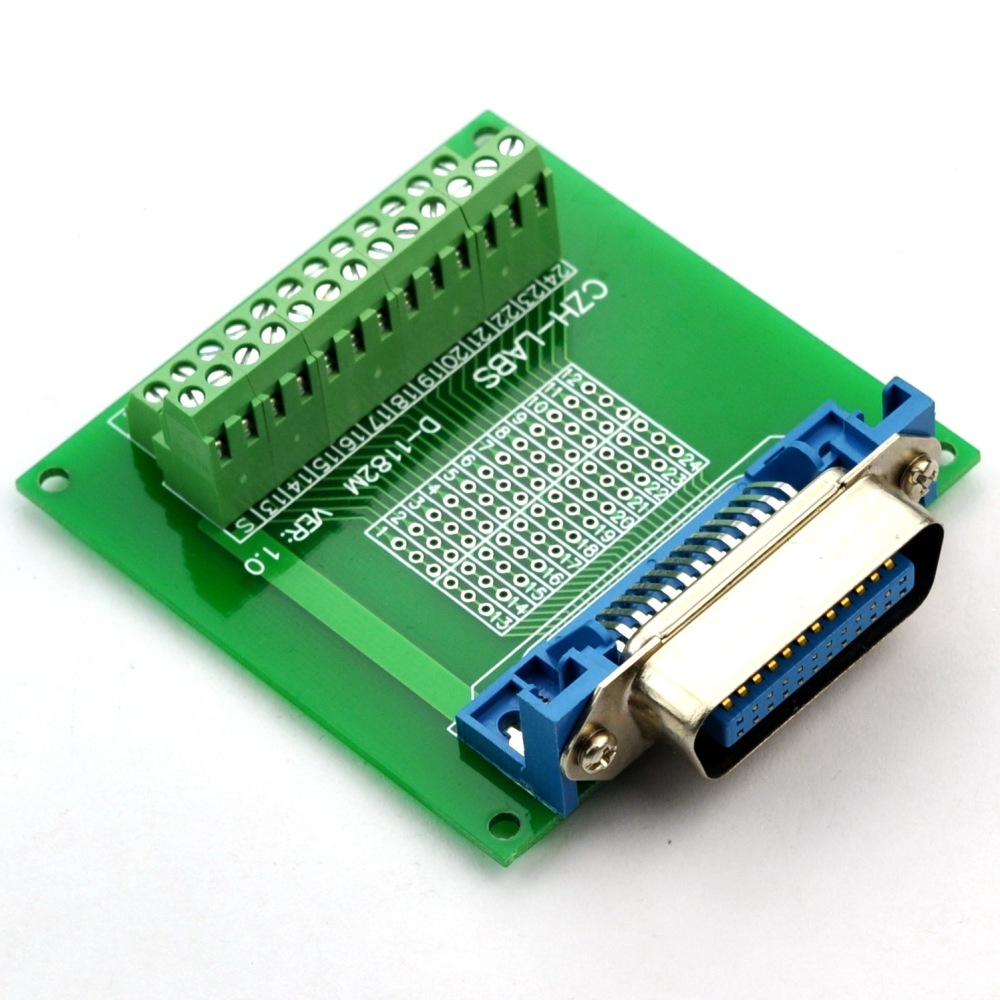 CZH-LABS 24-Pin 0.085" Centronics Male Ribbon Connector Screw Terminal Block Breakout Board.