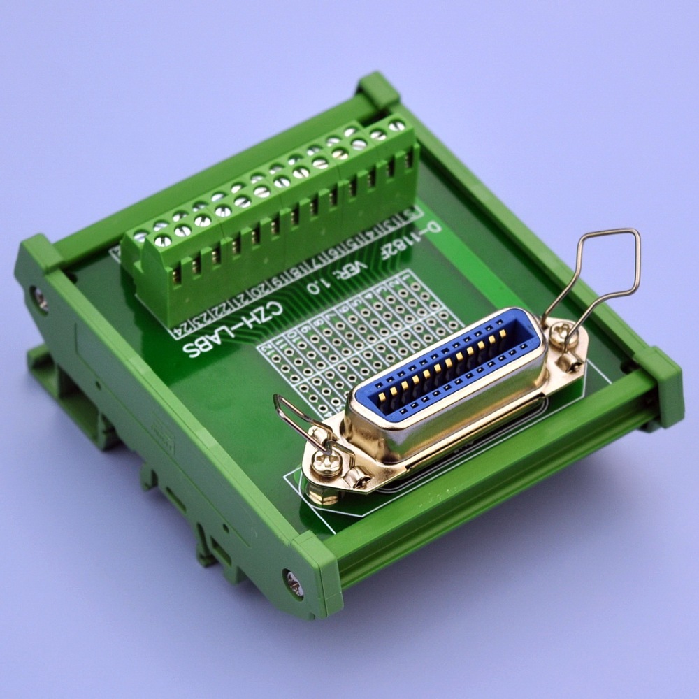 CZH-LABS DIN Rail Mount 24-Pin 0.085" Centronics Female Ribbon Connector Interface Module, Screw Terminal Block Breakout Board.