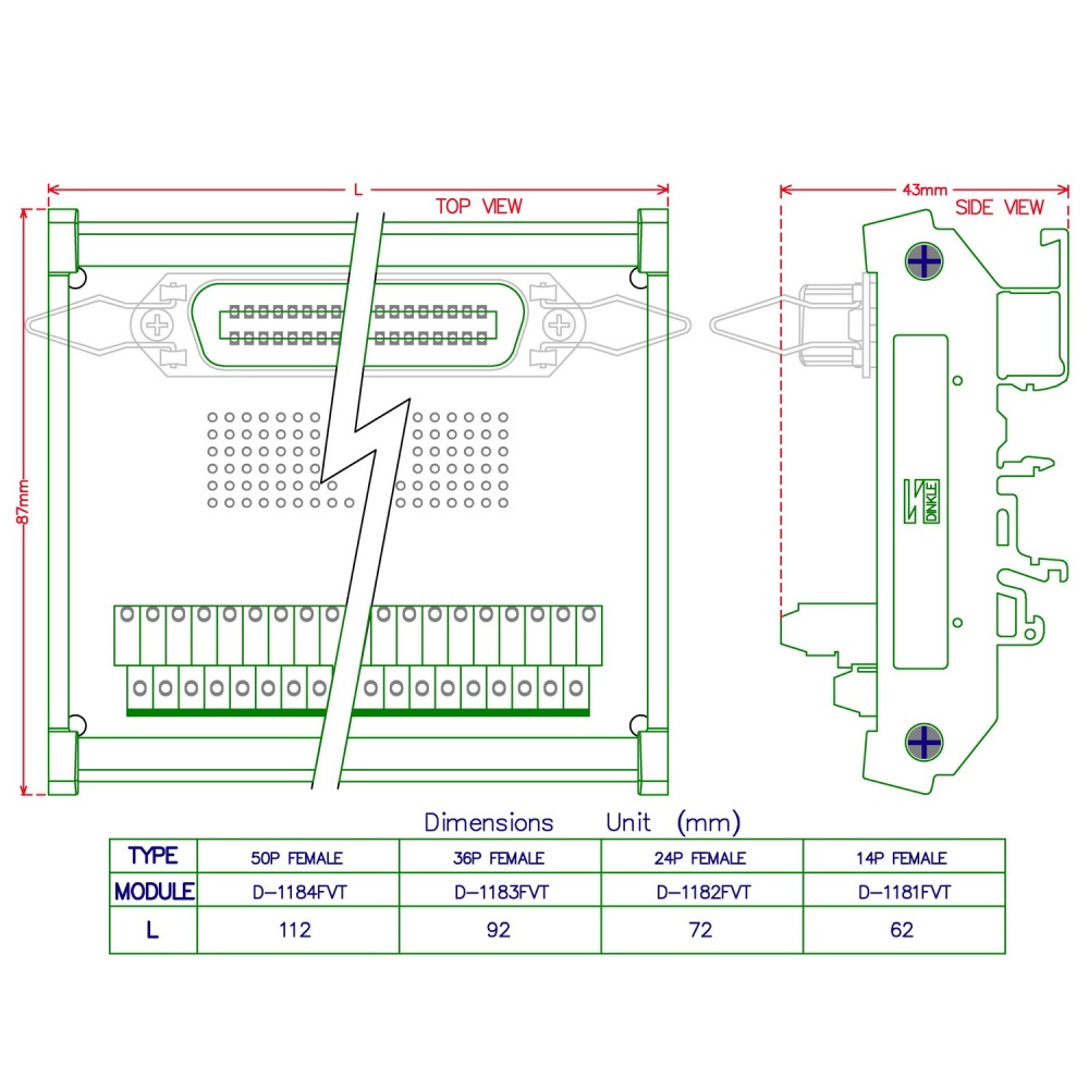 CZH-LABS DIN Rail Mount 14-Pin 0.085" Centronics Female Ribbon Connector Interface Module, Screw Terminal Block Breakout Board.