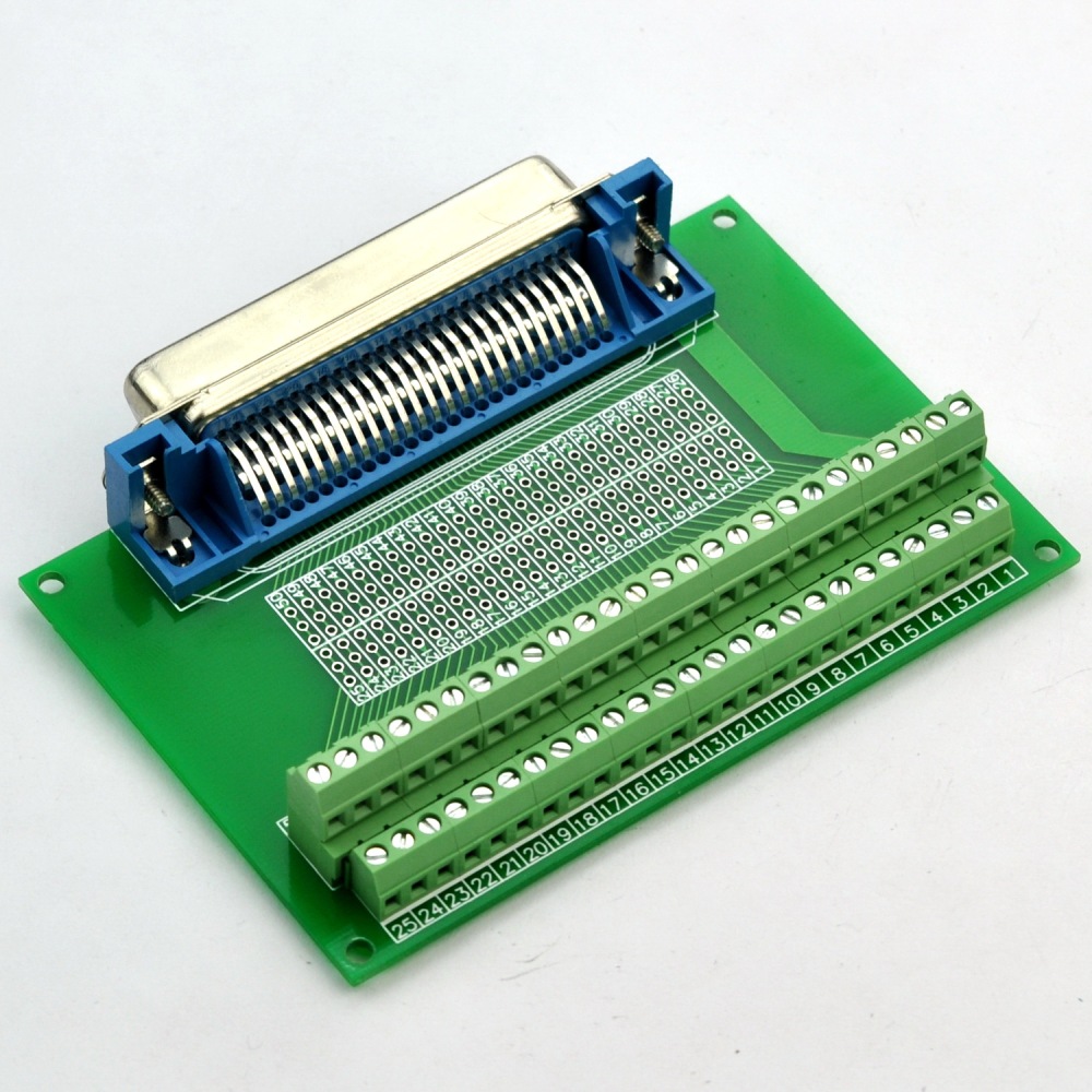 CZH-LABS 50-Pin 0.085" Centronics Male Ribbon Connector Screw Terminal Block Breakout Board.