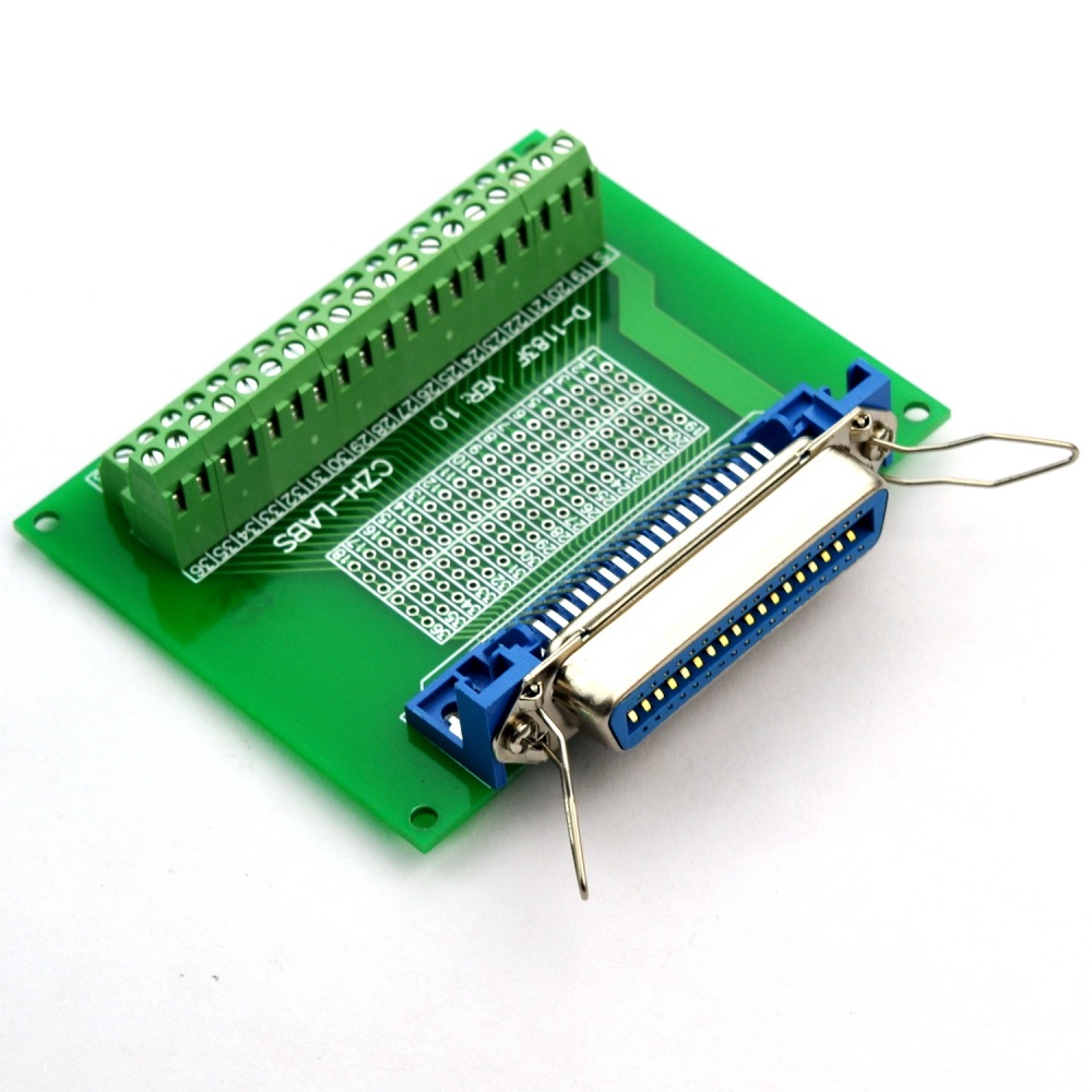 CZH-LABS 36-Pin 0.085" Centronics Female Ribbon Connector Screw Terminal Block Breakout Board.