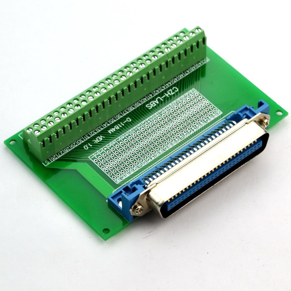 CZH-LABS 50-Pin 0.085" Centronics Male Ribbon Connector Screw Terminal Block Breakout Board.