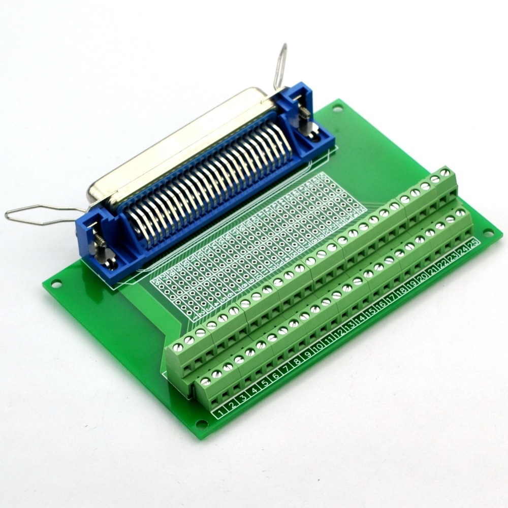 CZH-LABS 50-Pin 0.085" Centronics Female Ribbon Connector Screw Terminal Block Breakout Board.