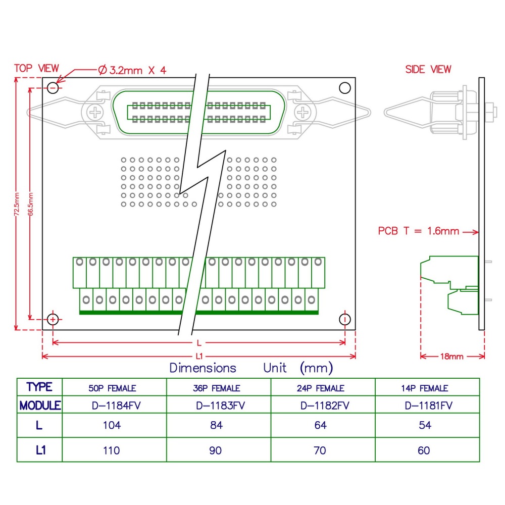 CZH-LABS 50-Pin 0.085" Centronics Vertical Female Ribbon Connector Screw Terminal Block Breakout Board.