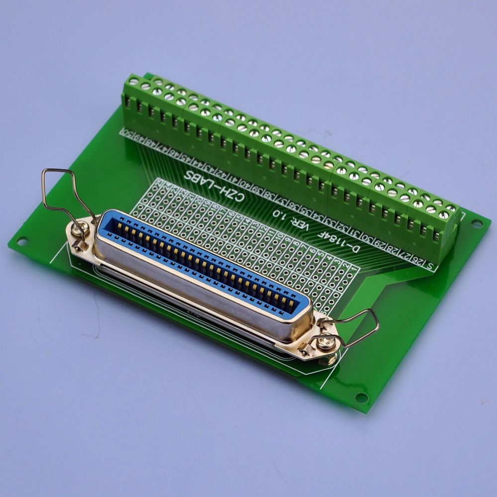 CZH-LABS 50-Pin 0.085" Centronics Vertical Female Ribbon Connector Screw Terminal Block Breakout Board.