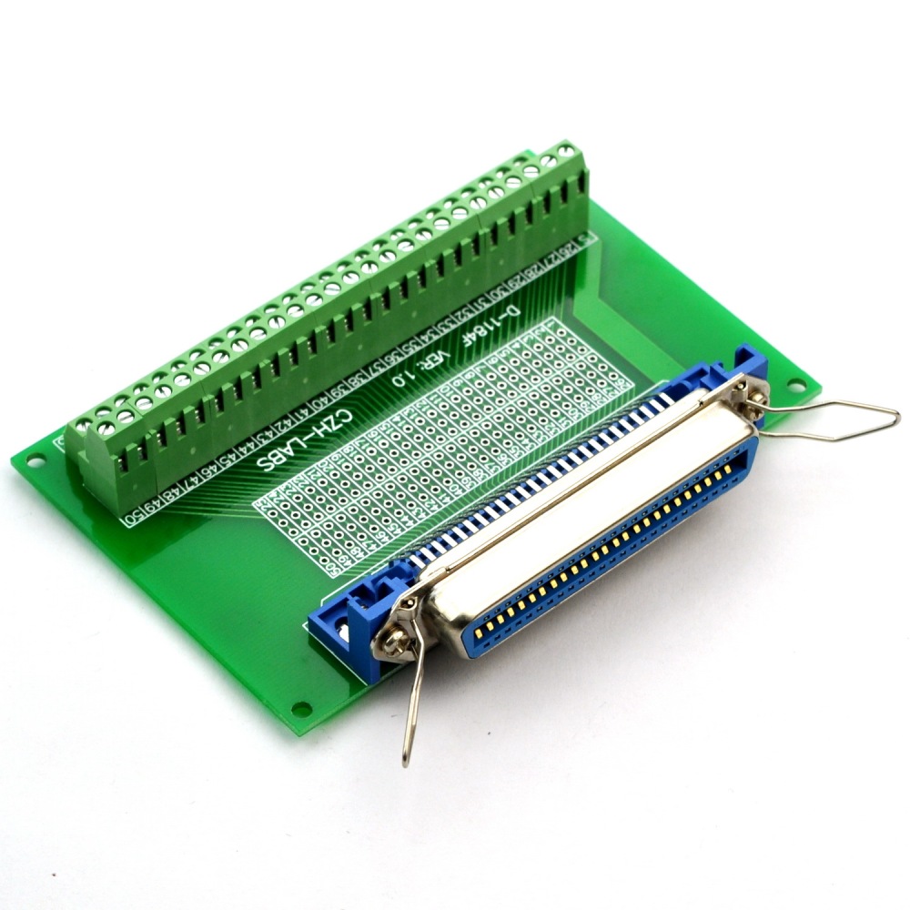CZH-LABS 50-Pin 0.085" Centronics Female Ribbon Connector Screw Terminal Block Breakout Board.