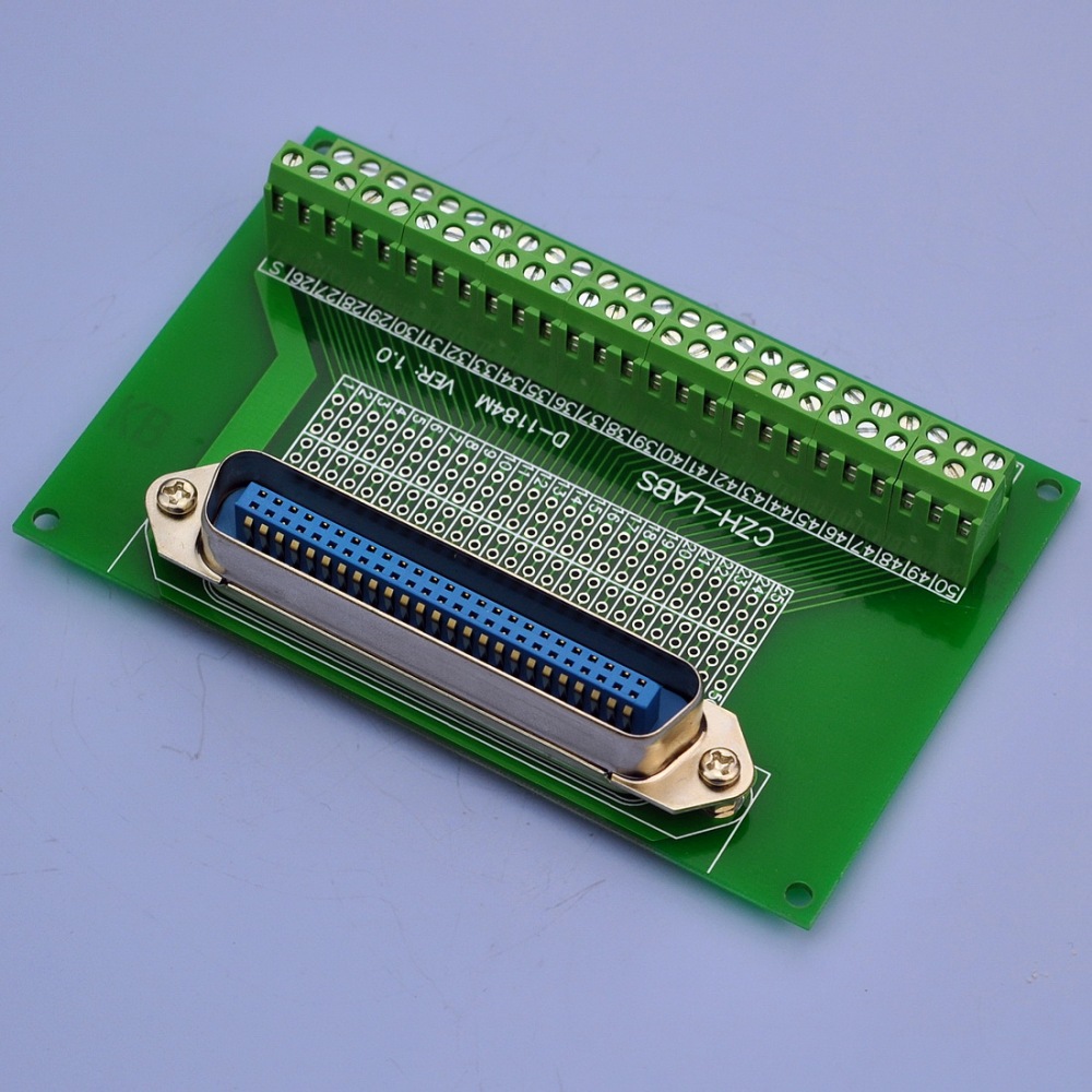 CZH-LABS 50-Pin 0.085" Centronics Vertical Male Ribbon Connector Screw Terminal Block Breakout Board.
