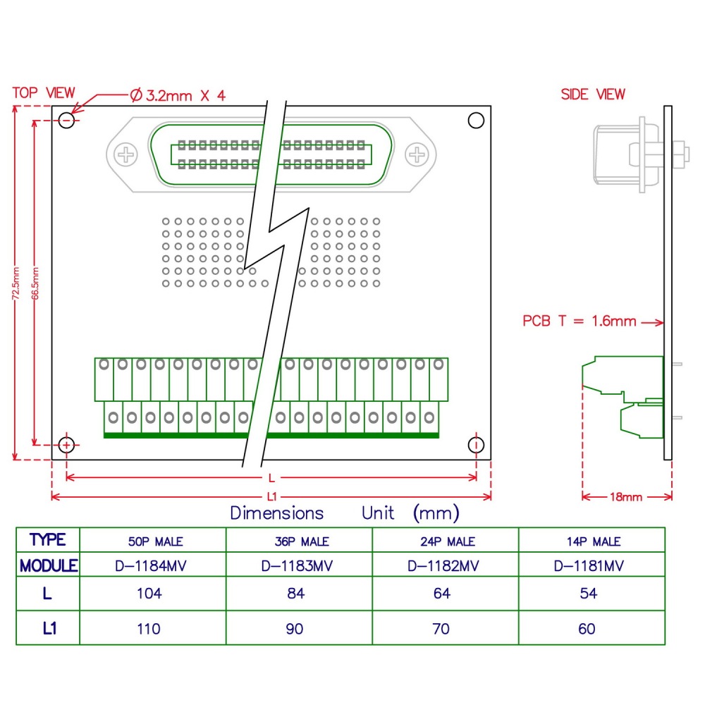 CZH-LABS 36-Pin 0.085" Centronics Vertical Male Ribbon Connector Screw Terminal Block Breakout Board.