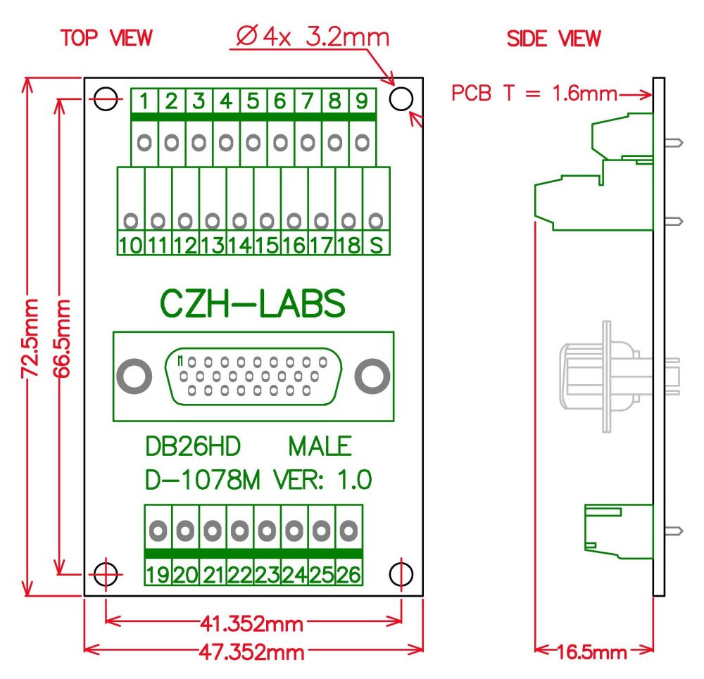 CZH-LABS D-SUB DB26HD Male Header Breakout Board, DSUB.