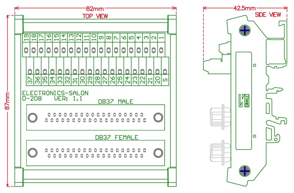 ELECTRONICS-SALON DIN Rail Mount D-SUB DB37 Male/Female Header Interface Module, DSUB Breakout Board.