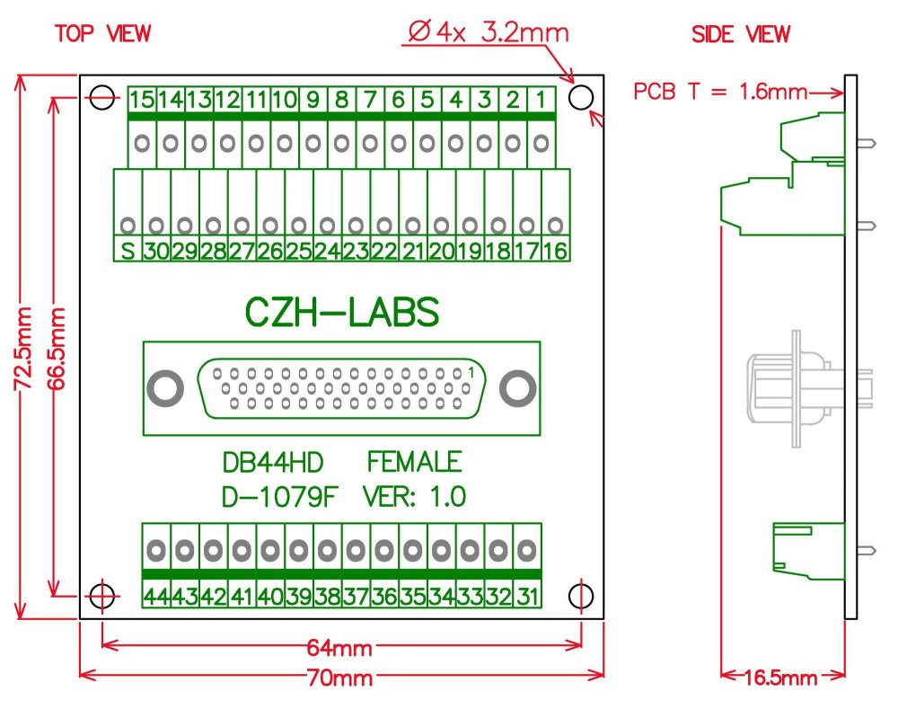 CZH-LABS DIN Rail Mount D-SUB DB44HD Female Header Interface Module, DSUB Breakout Board.