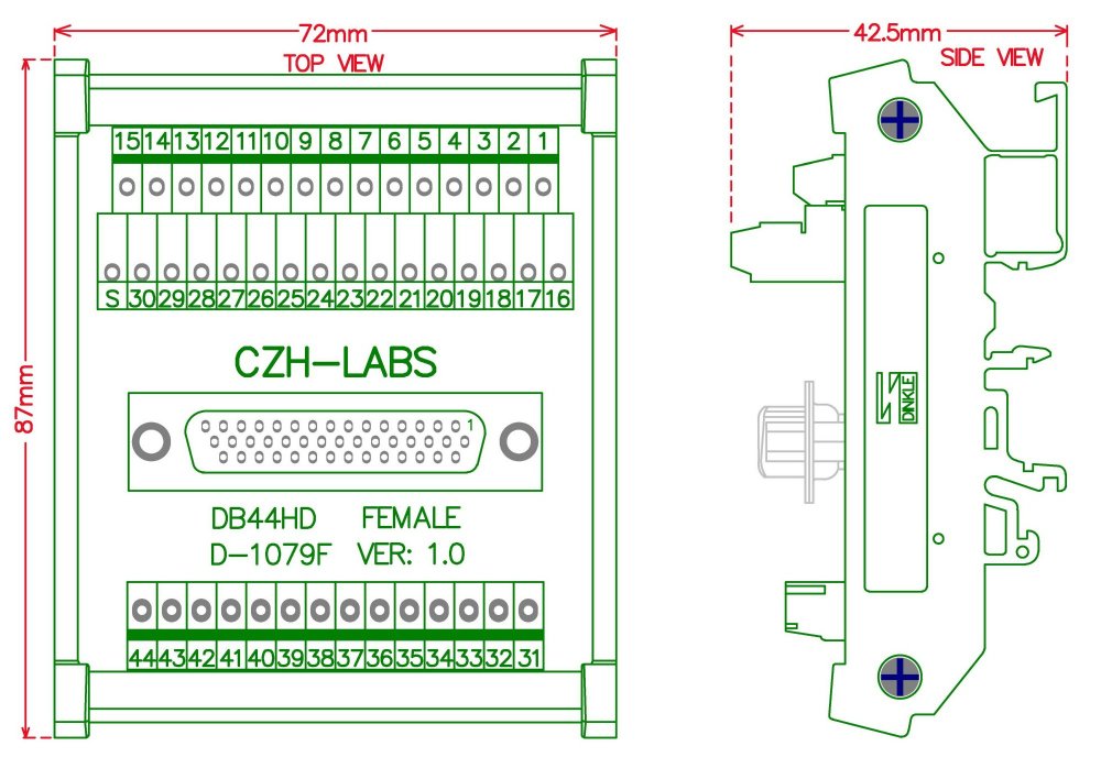 CZH-LABS DIN Rail Mount D-SUB DB44HD Female Header Interface Module, DSUB Breakout Board.