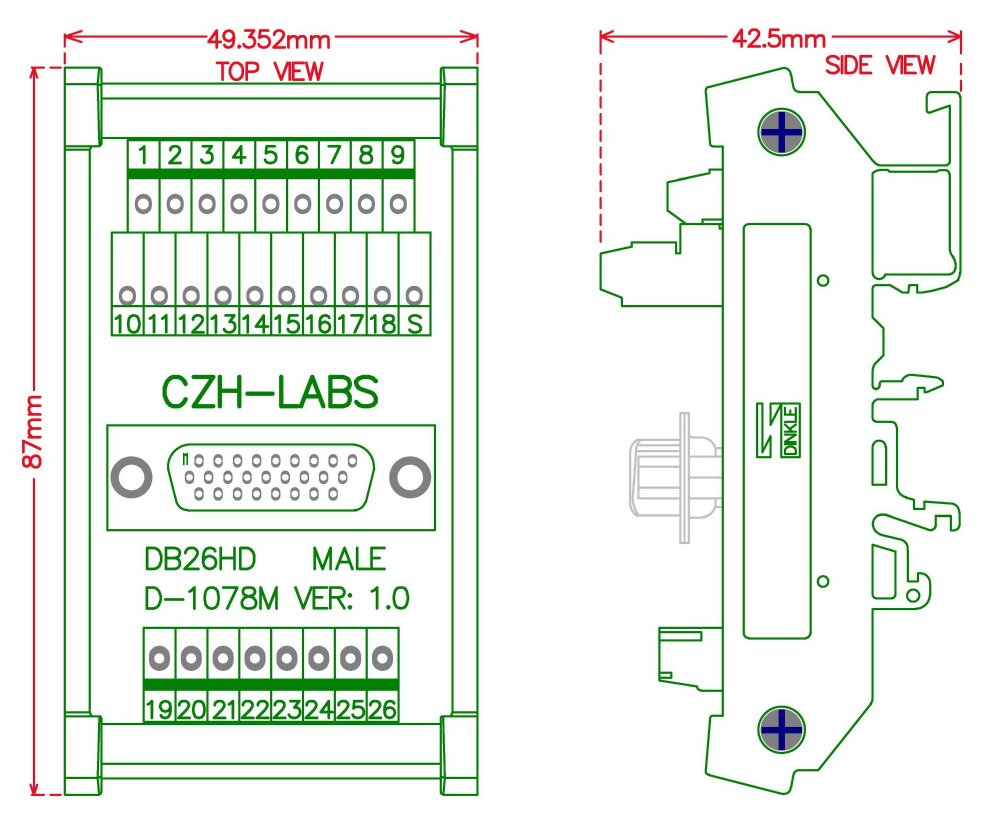 CZH-LABS DIN Rail Mount D-SUB DB26HD Male Header Interface Module, DSUB Breakout Board.