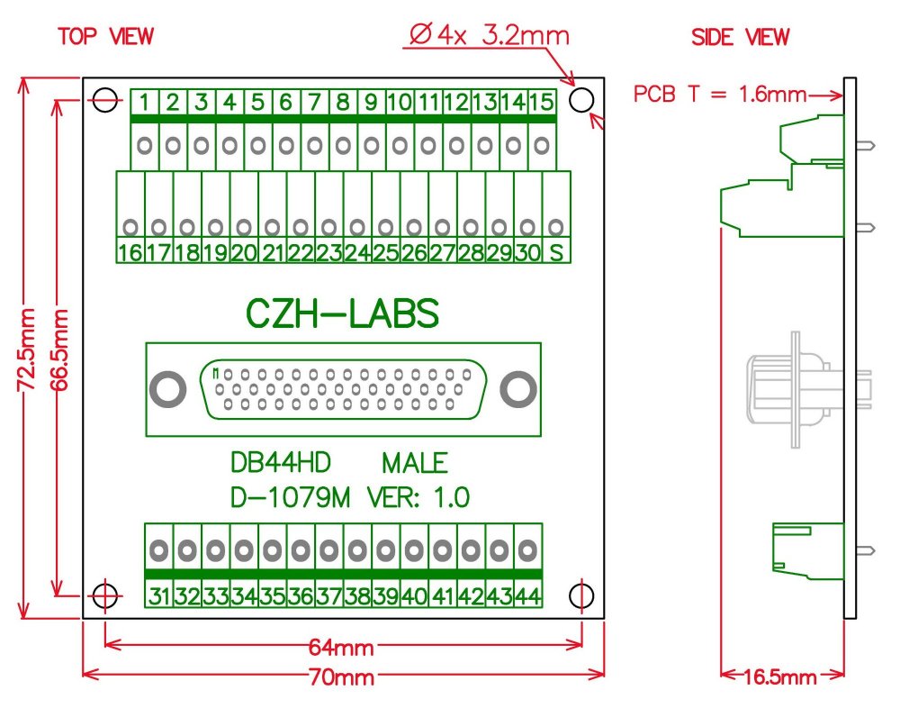CZH-LABS DIN Rail Mount D-SUB DB44HD Male Header Interface Module, DSUB Breakout Board.