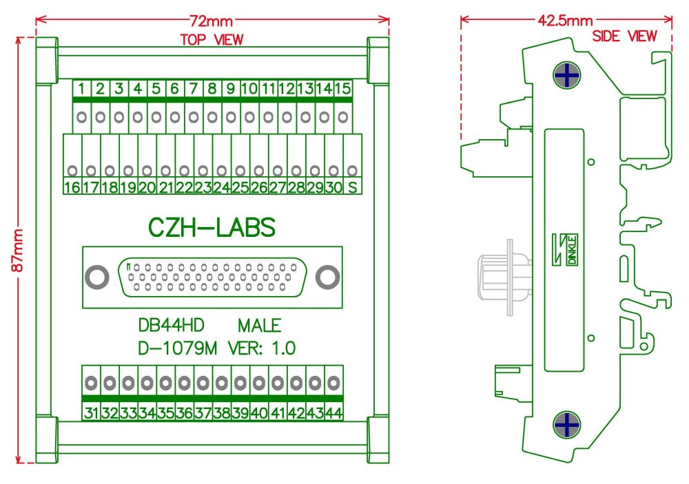 CZH-LABS DIN Rail Mount D-SUB DB44HD Male Header Interface Module, DSUB Breakout Board.