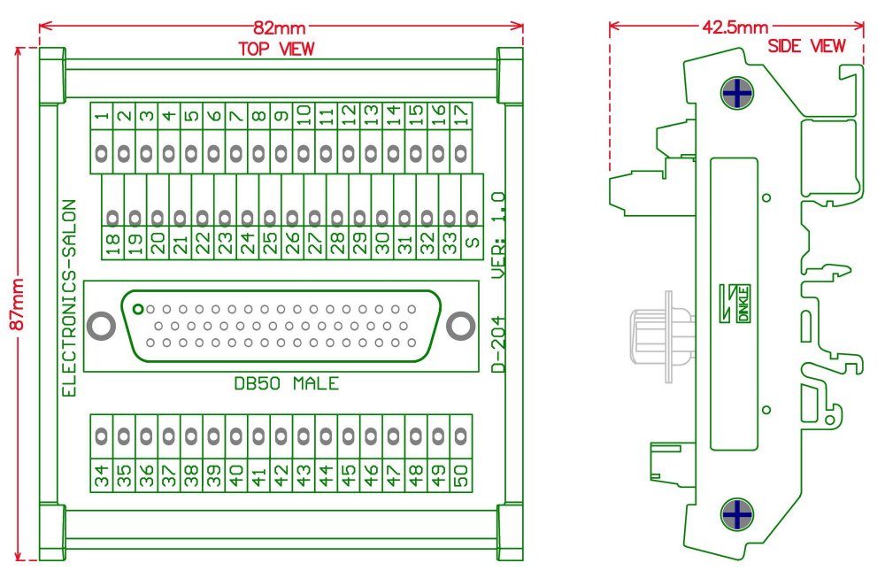 ELECTRONICS-SALON DIN Rail Mount D-SUB DB50 Male Header Interface Module, DSUB Breakout Board.