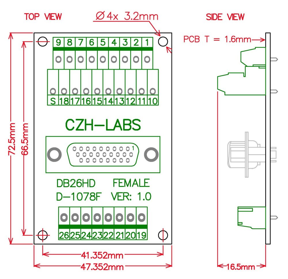 CZH-LABS DIN Rail Mount D-SUB DB26HD Female Header Interface Module, DSUB Breakout Board.