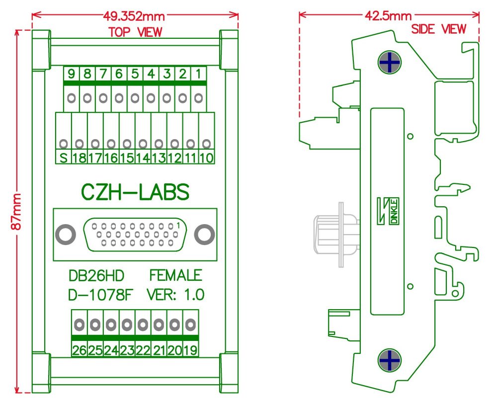CZH-LABS DIN Rail Mount D-SUB DB26HD Female Header Interface Module, DSUB Breakout Board.