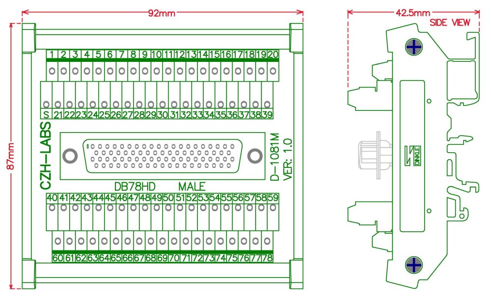 CZH-LABS DIN Rail Mount D-SUB DB78HD Male Header Interface Module, DSUB Breakout Board.