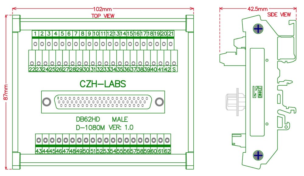 CZH-LABS DIN Rail Mount D-SUB DB62HD Male Header Interface Module, DSUB Breakout Board.