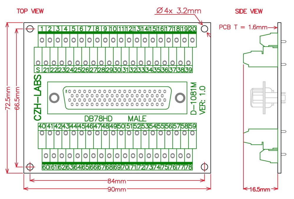 CZH-LABS DIN Rail Mount D-SUB DB78HD Male Header Interface Module, DSUB Breakout Board.