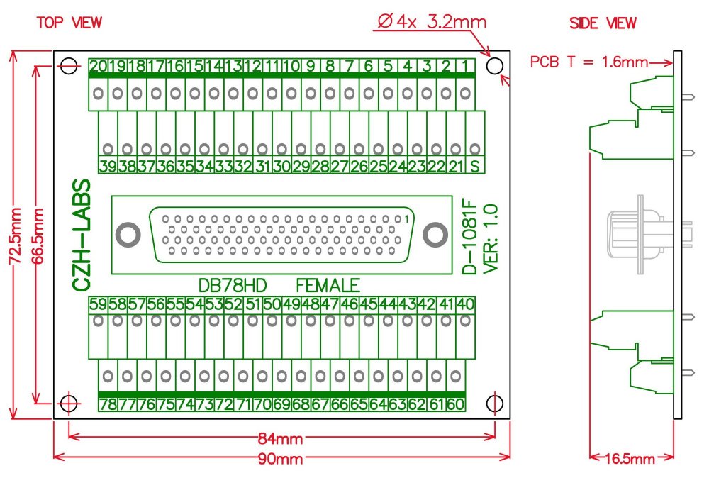 CZH-LABS DIN Rail Mount D-SUB DB78HD Female Header Interface Module, DSUB Breakout Board.