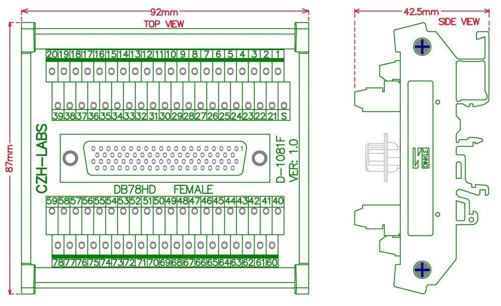 CZH-LABS DIN Rail Mount D-SUB DB78HD Female Header Interface Module, DSUB Breakout Board.