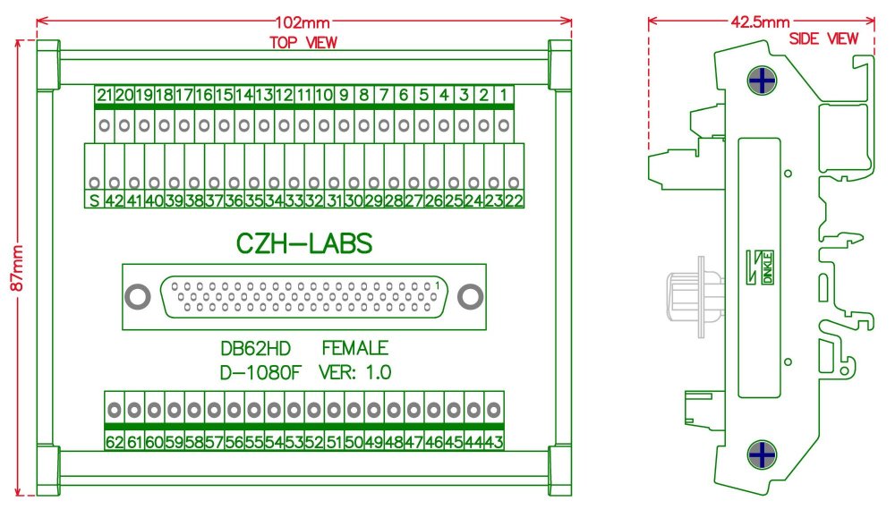 CZH-LABS DIN Rail Mount D-SUB DB62HD Female Header Interface Module, DSUB Breakout Board.