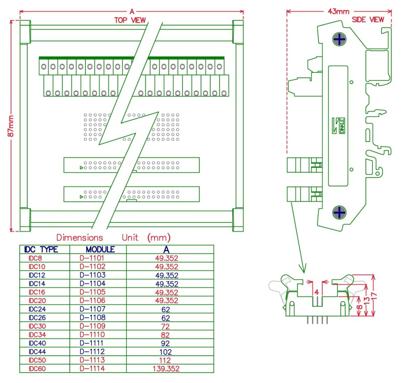 CZH-LABS DIN Rail Mount Dual IDC-8 Pitch 2.0mm Male Header Interface Module, Breakout Board.