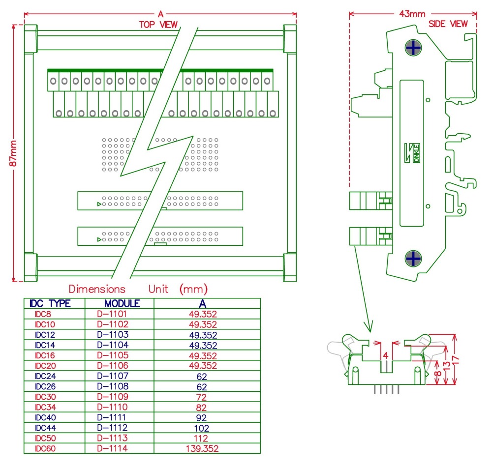 CZH-LABS DIN Rail Mount Dual IDC-12 Pitch 2.0mm Male Header Interface Module, Breakout Board.