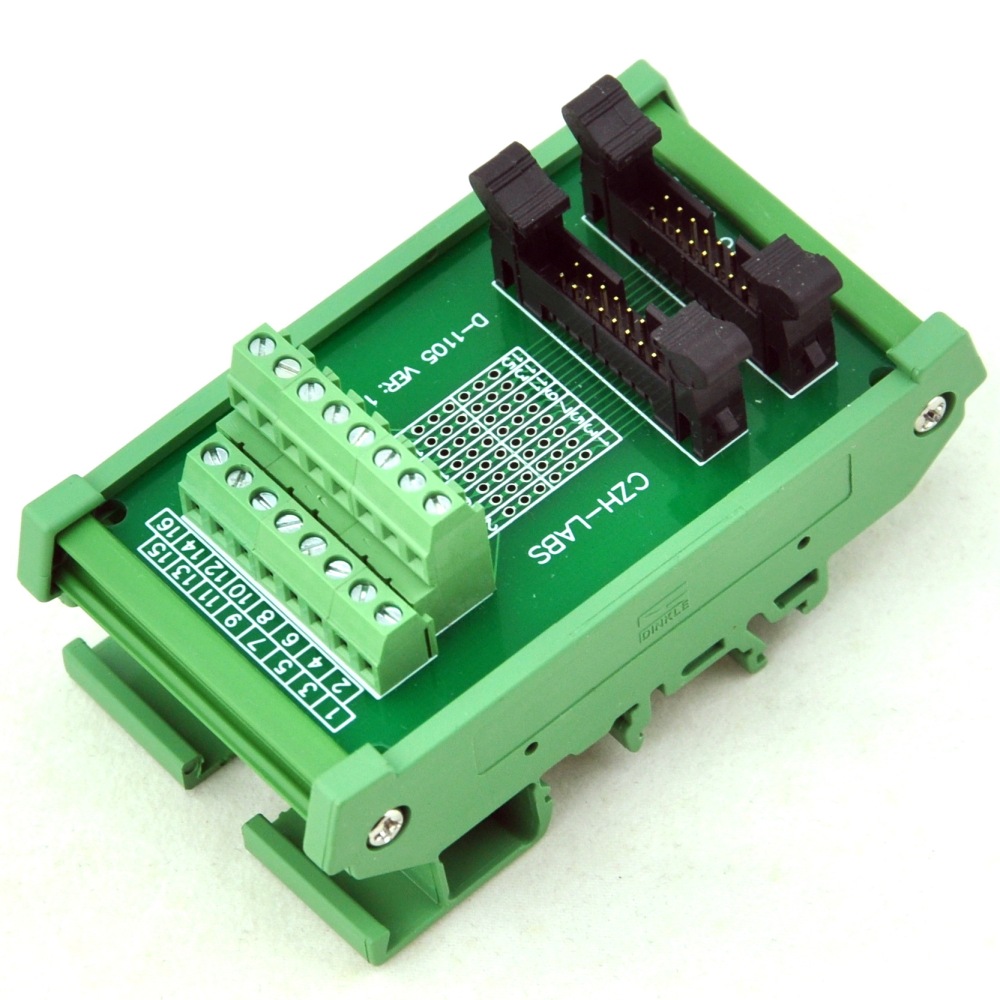 CZH-LABS DIN Rail Mount Dual IDC-16 Pitch 2.0mm Male Header Interface Module, Breakout Board.