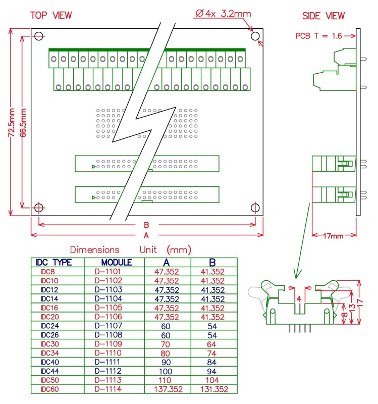 CZH-LABS Dual IDC-12 Pitch 2.0mm Male Header Terminal Block Breakout Board.