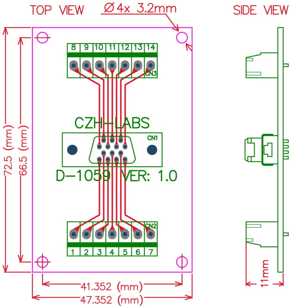 CZH-LABS 14-pin 0.05" Mini D Ribbon/MDR Female Breakout Board, SCSI, Terminal Module.