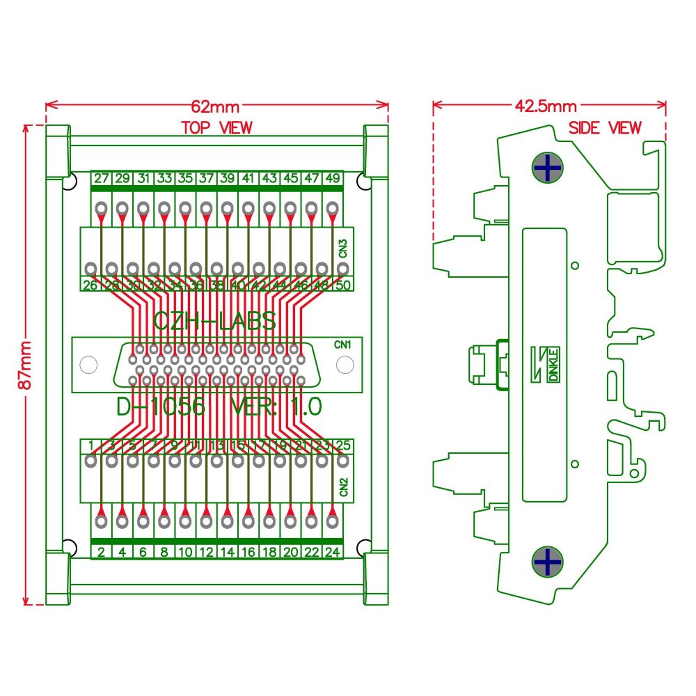 CZH-LABS DIN Rail Mount 50-pin 0.05" Mini D Ribbon/MDR Female Interface Module, SCSI.
