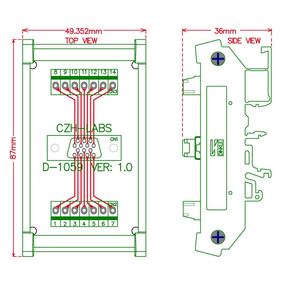 CZH-LABS DIN Rail Mount 14-pin 0.05" Mini D Ribbon/MDR Female Interface Module, SCSI.